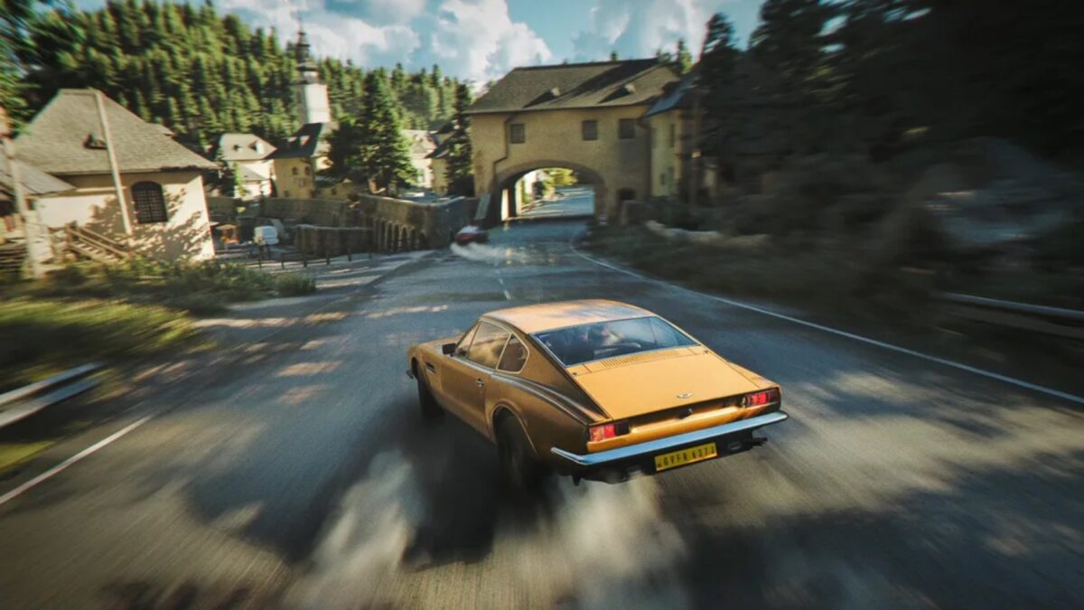 A scene from 007 First Light shows a yellow car speeding through a small town.