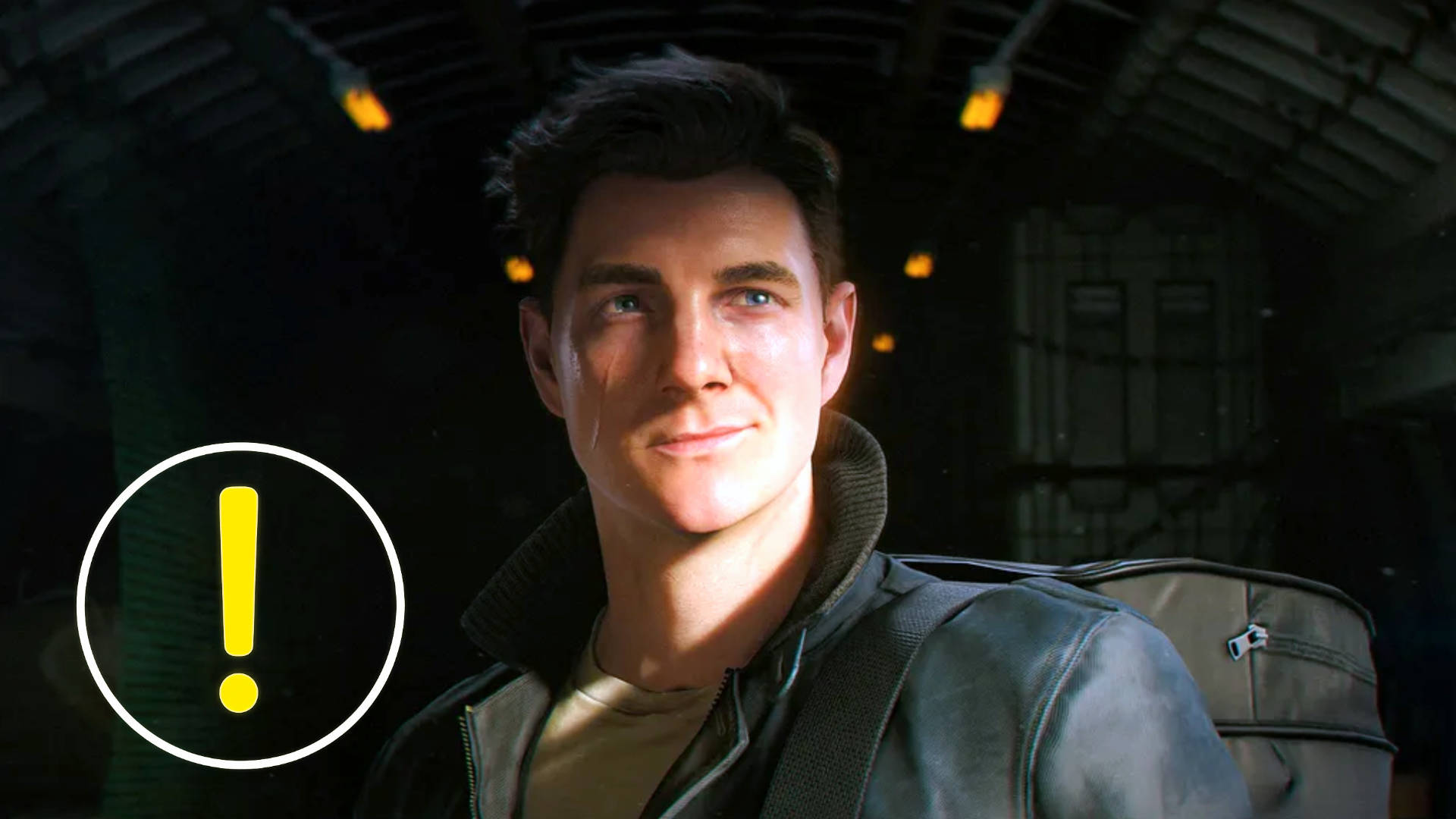 A young man with a scar on his cheek and a leather jacket pulls the corners of his mouth up into a grin.