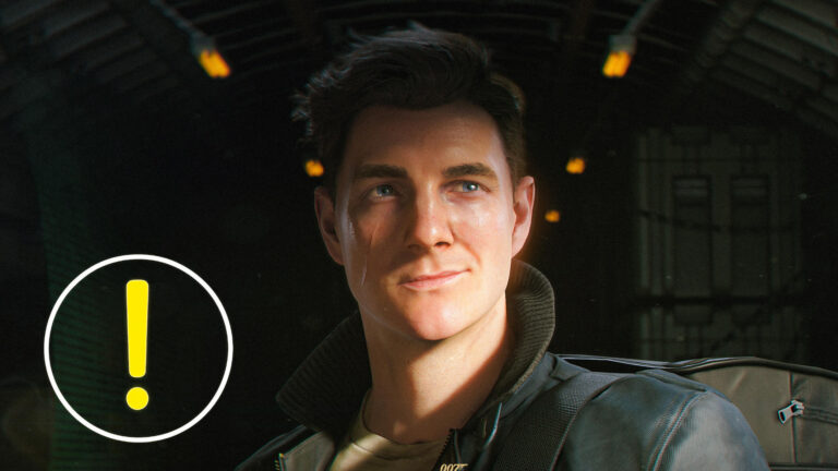 In einer Szene aus 007 First Light zieht ein junger Mann, mit einer Narbe auf der Wange und einer Lederjacke, den Mundwinkel zu einem Grinsen hoch.