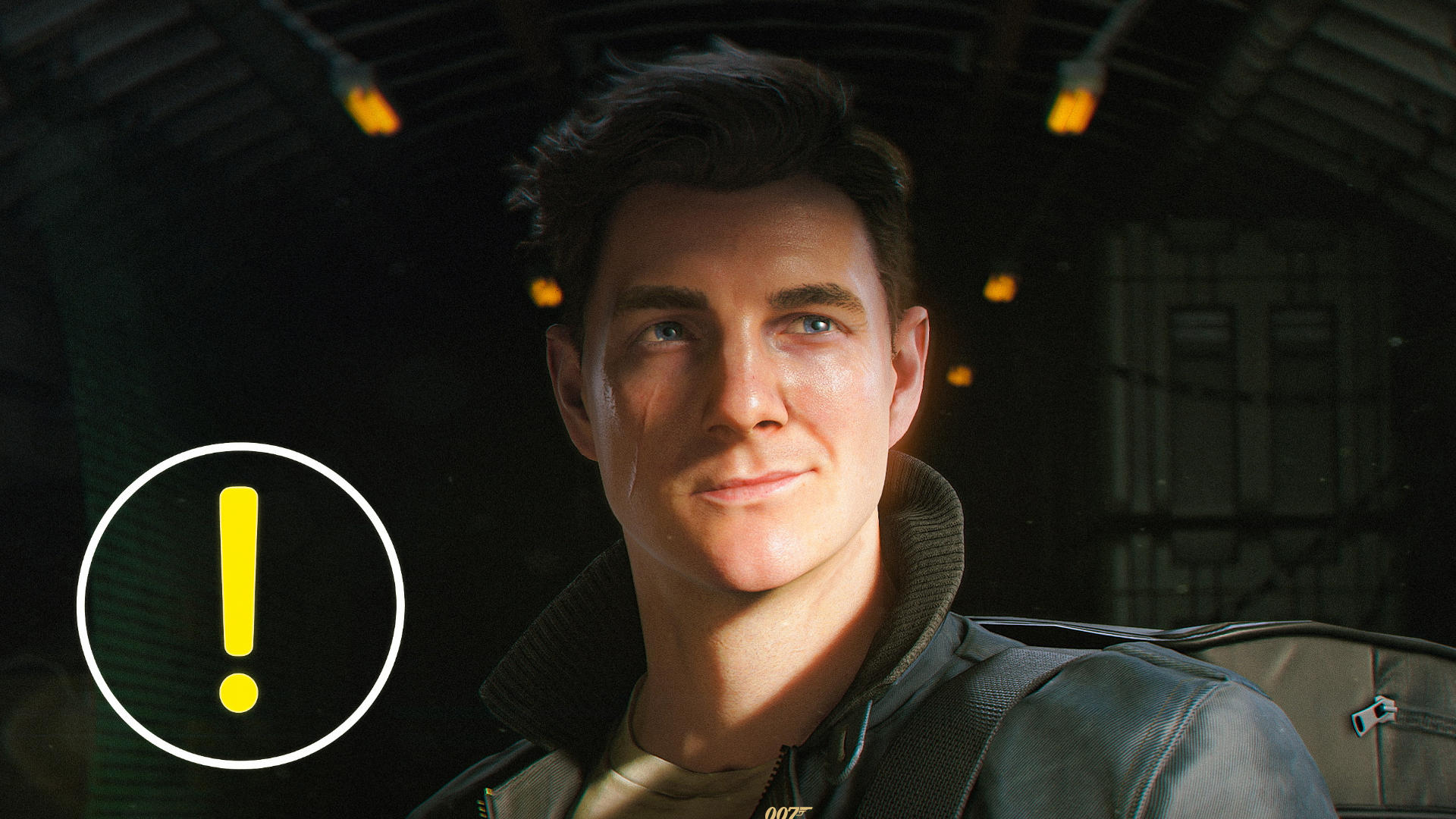 In einer Szene aus 007 First Light zieht ein junger Mann, mit einer Narbe auf der Wange und einer Lederjacke, den Mundwinkel zu einem Grinsen hoch.