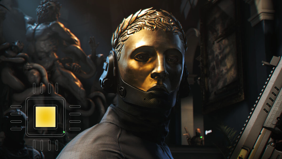 Futuristische goldene Maske mit Hightech-Headset in düsterer Umgebung, Sci-Fi-Szene mit KI-Chip-Symbol und bewaffneter Figur im Hintergrund.