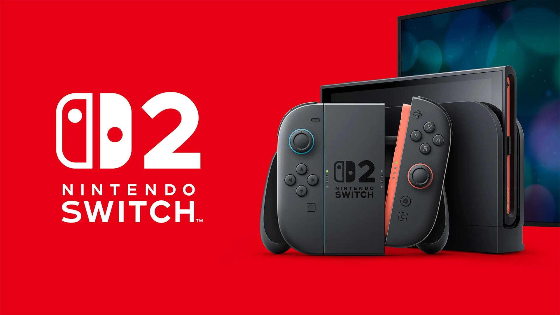 Die Nintendo Switch 2 Konsole auf rotem Hintergrund mit dem firmentypischen Schriftzug.