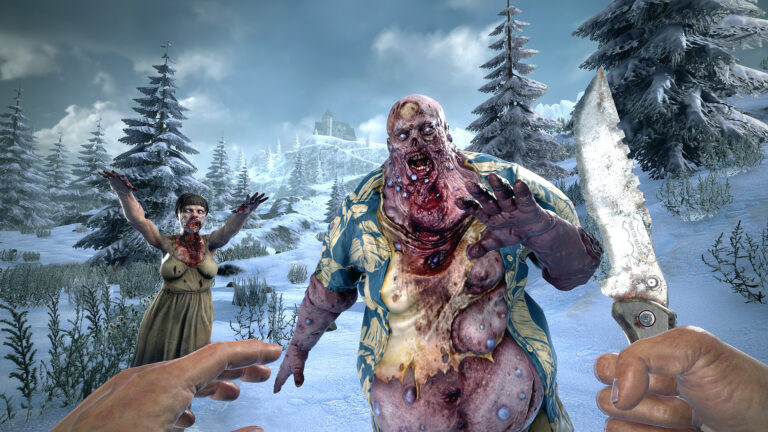 Zwei Zombies greifen den mit einem Messer bewaffneten Spiele in 7 Days to Die an. Version 1.0