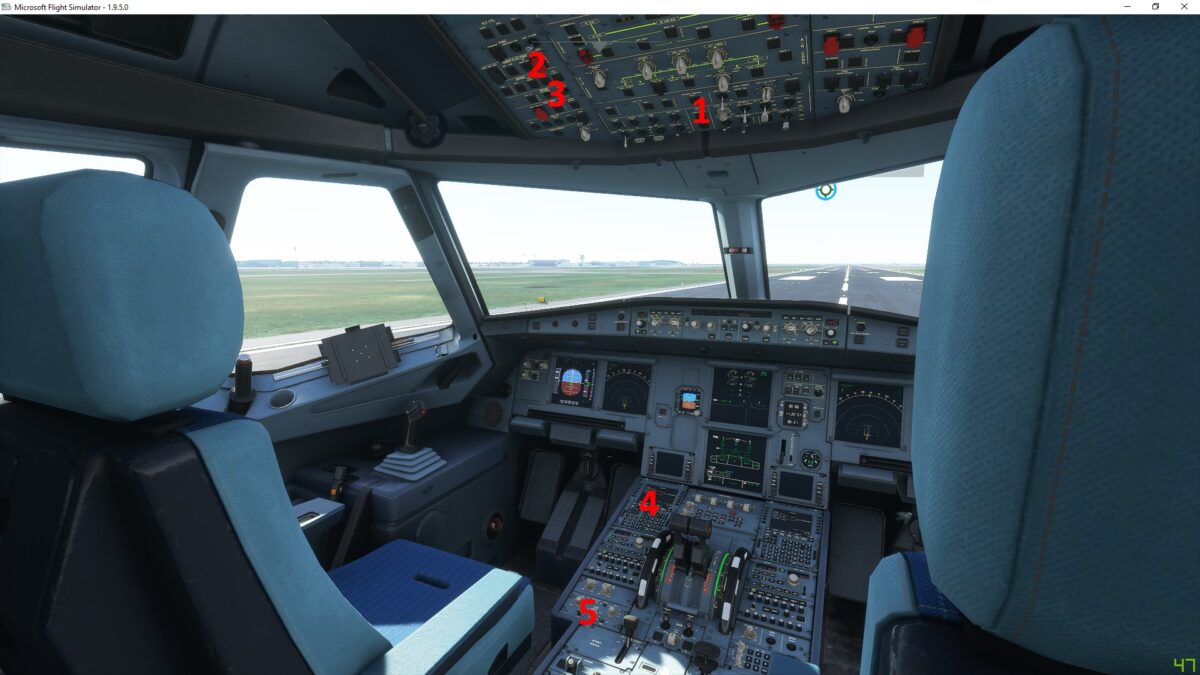 View into the cockpit of an A320neo Airliner with pilot seats, many instruments and a view on the runway in Flight Simulator 2020