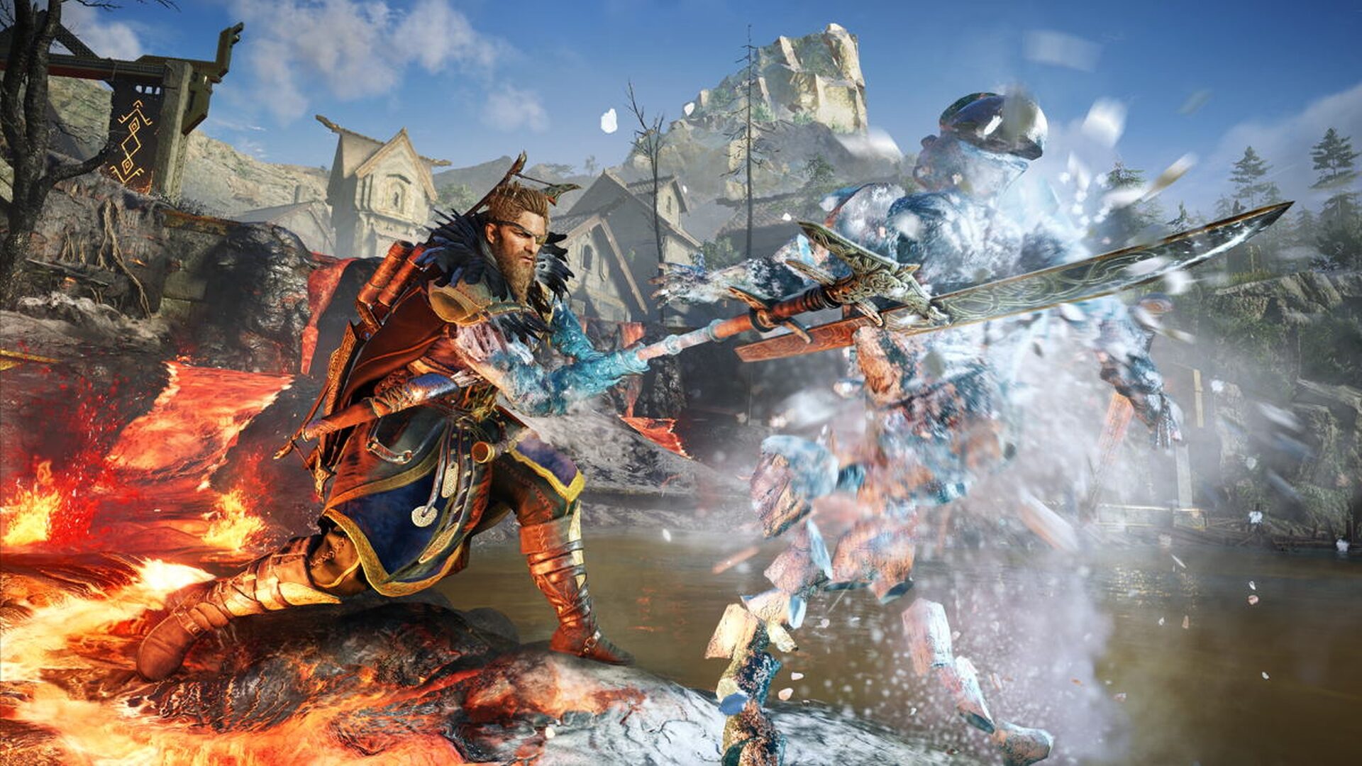 Odin kämpft im Ragnarök-DLC zu Assassin's Creed Valhalla gegen einen Soldaten.