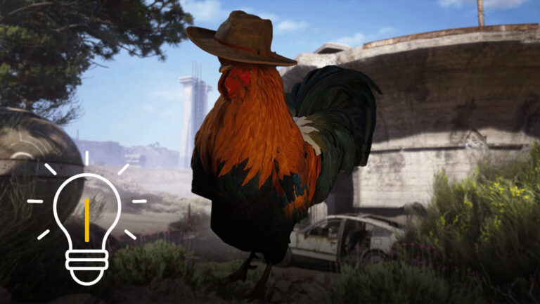 Ein Hahn mit Cowboyhut steht in einer postapokalyptischen Umgebung mit verfallenen Gebäuden und einem Schrottauto im Hintergrund; links unten ist eine stilisierte Glühbirne als Symbol für Tipps eingeblendet – Artwork zu ARC Raiders.