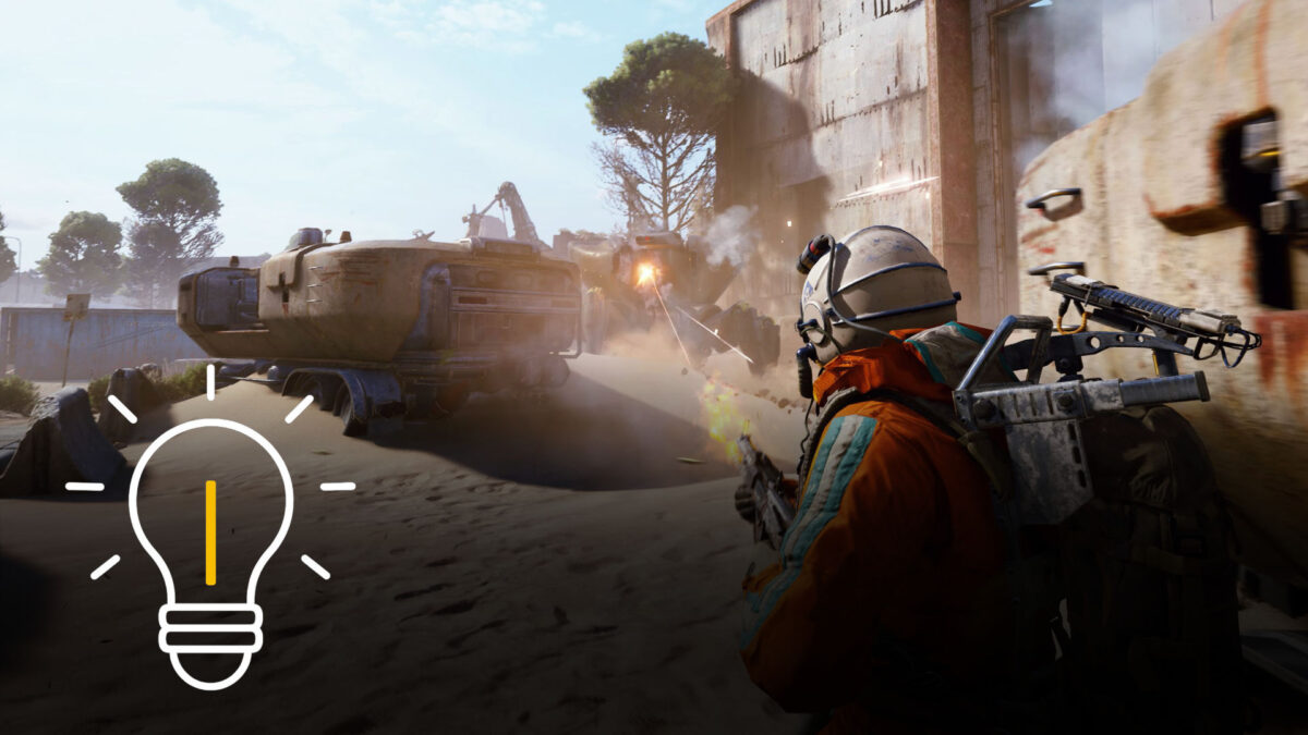 A player in futuristic armor fires at a large mechanical enemy in a dusty, post-apocalyptic environment; destroyed vehicles and ruins can be seen in the background — gameplay scene from ARC Raiders.