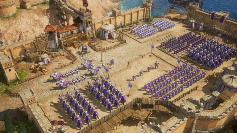 Eine Szene aus dem Strategie-Spiel Age of Empires Mobile zeigt, wie sich Truppen in einer Basis formieren.