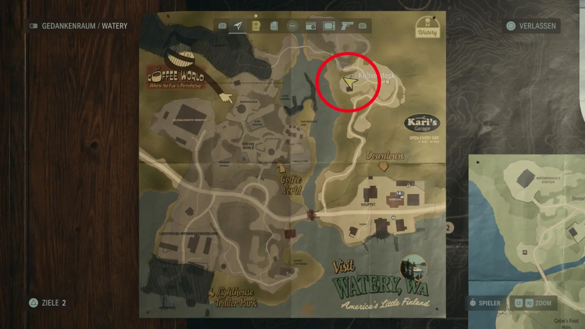 Ein Ausschnitt aus der Karte in Alan Wake 2 zeigt den Fundort der Armbrust.