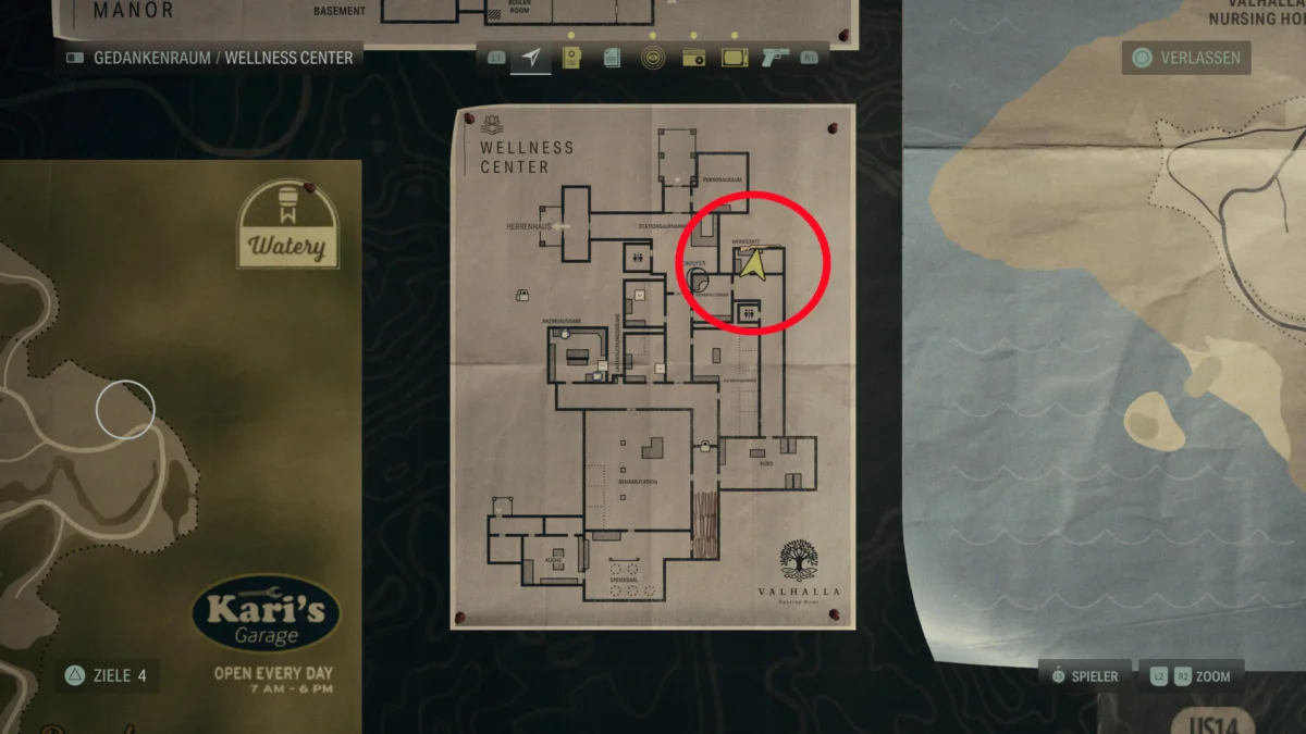 Ein Ausschnitt aus der Karte in Alan Wake 2 zeigt den Fundort des Jagdgewehrs.