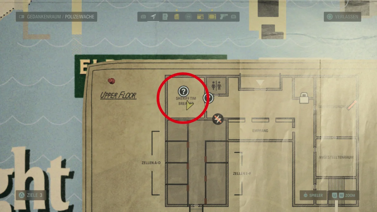 Ein Ausschnitt aus der Karte in Alan Wake 2 zeigt den Fundort der Pump-Action Schrotflinte.