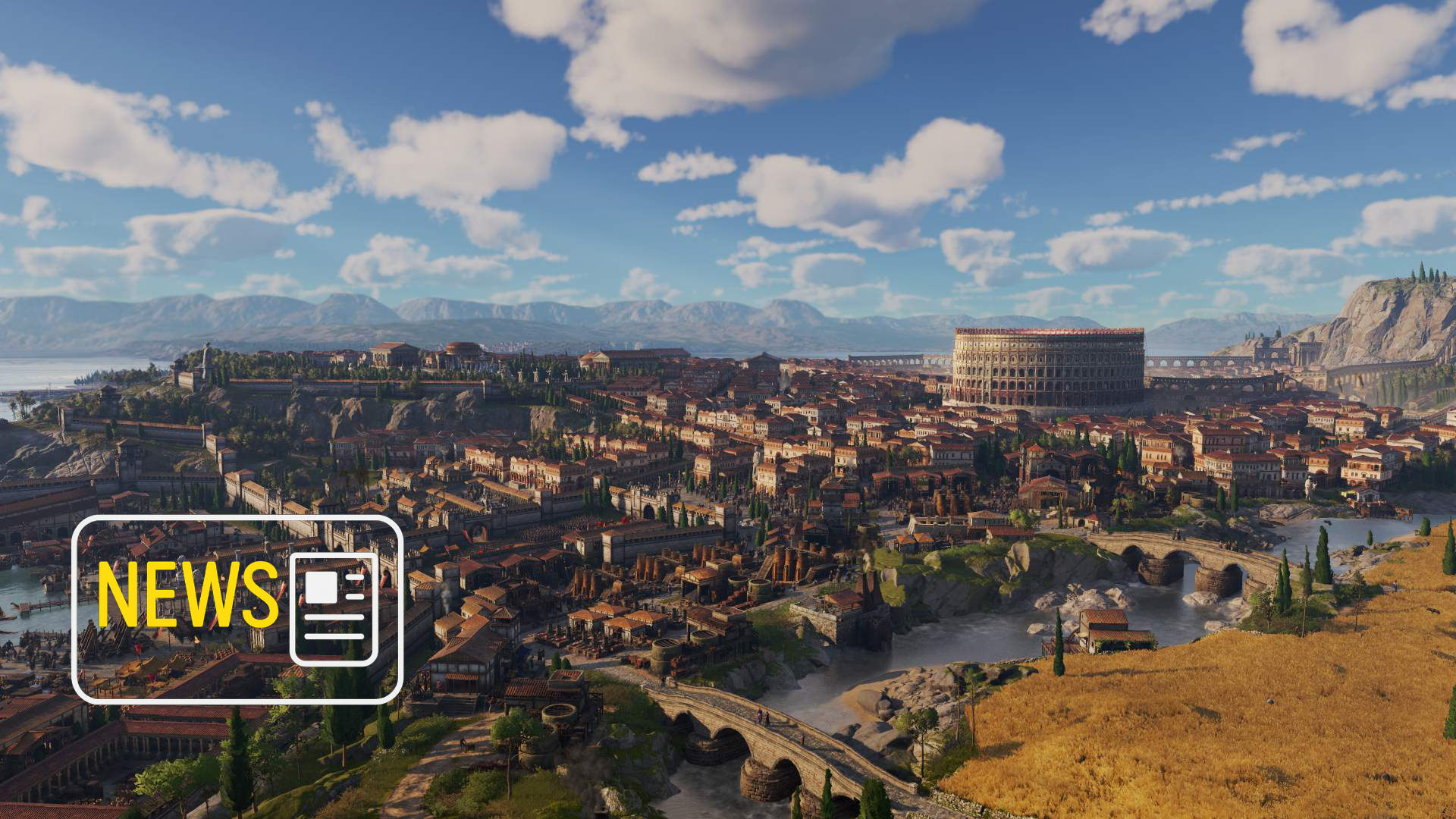 Panoramic view of a Roman metropolis in Anno 117, featuring a Colosseum, aqueduct, river, and residential districts — screenshot from Patch 1.3.