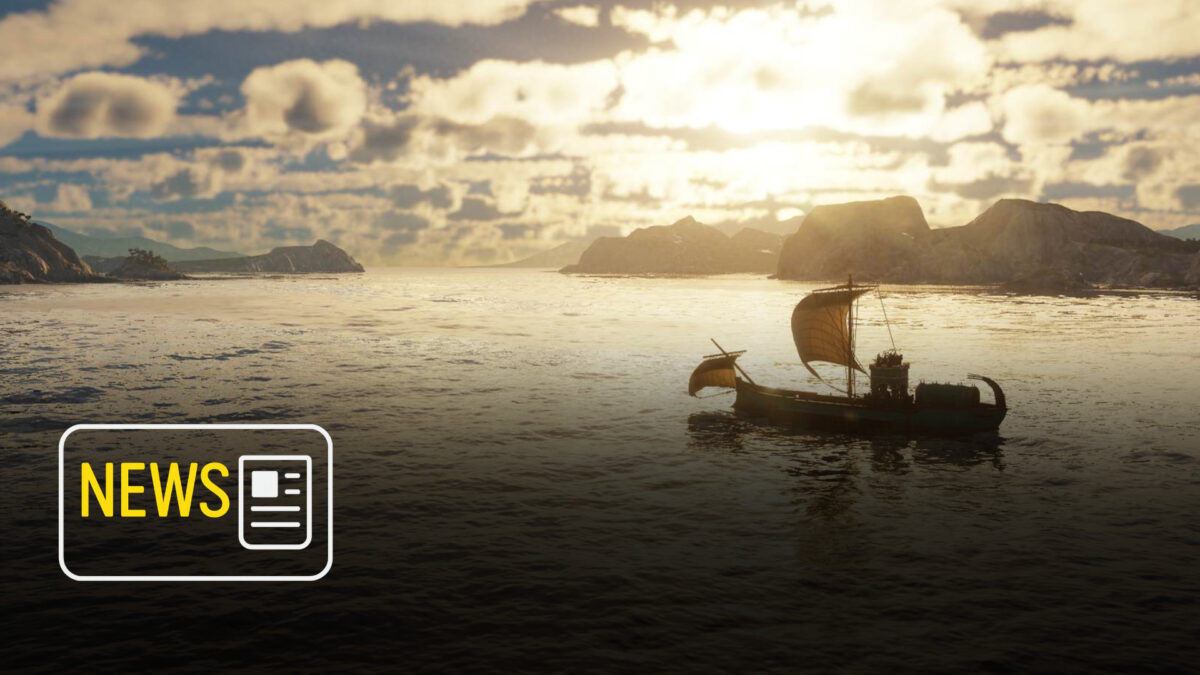 Anno 117 Screenshot: Handelsschiff segelt bei Sonnenuntergang vor felsiger Küste.