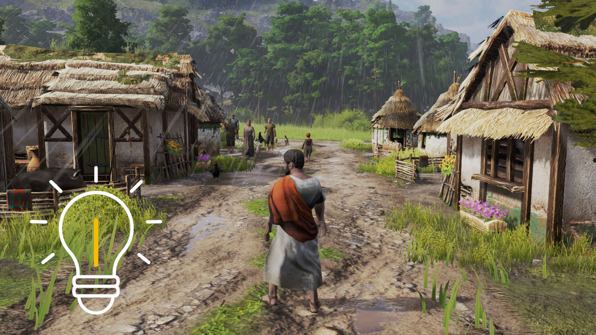 A Roman citizen stands in the middle of a pathway, surrounded by residential buildings.