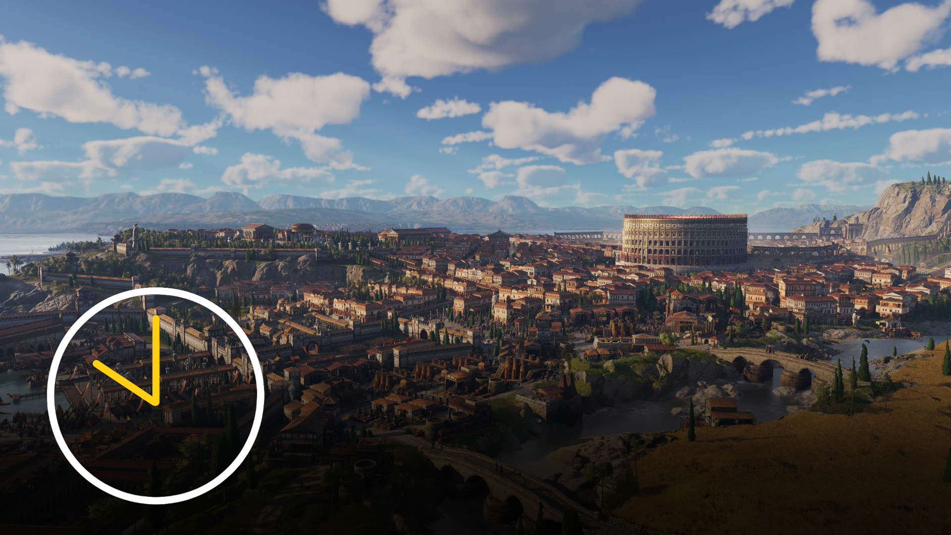 Wide panoramic view of an ancient city filled with buildings, temples, and the Colosseum at its center; in the foreground, a river flows beneath stone bridges, while mountains rise in the distance under a clear sky with scattered clouds – scene from Anno 117: Pax Romana.