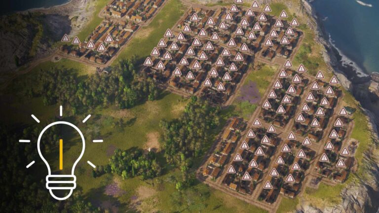 Anno 117: Pax Romana – Luftansicht einer Küstensiedlung mit vielen Warnsymbolen über Häusern, Glühbirne markiert Tipp im Guide.