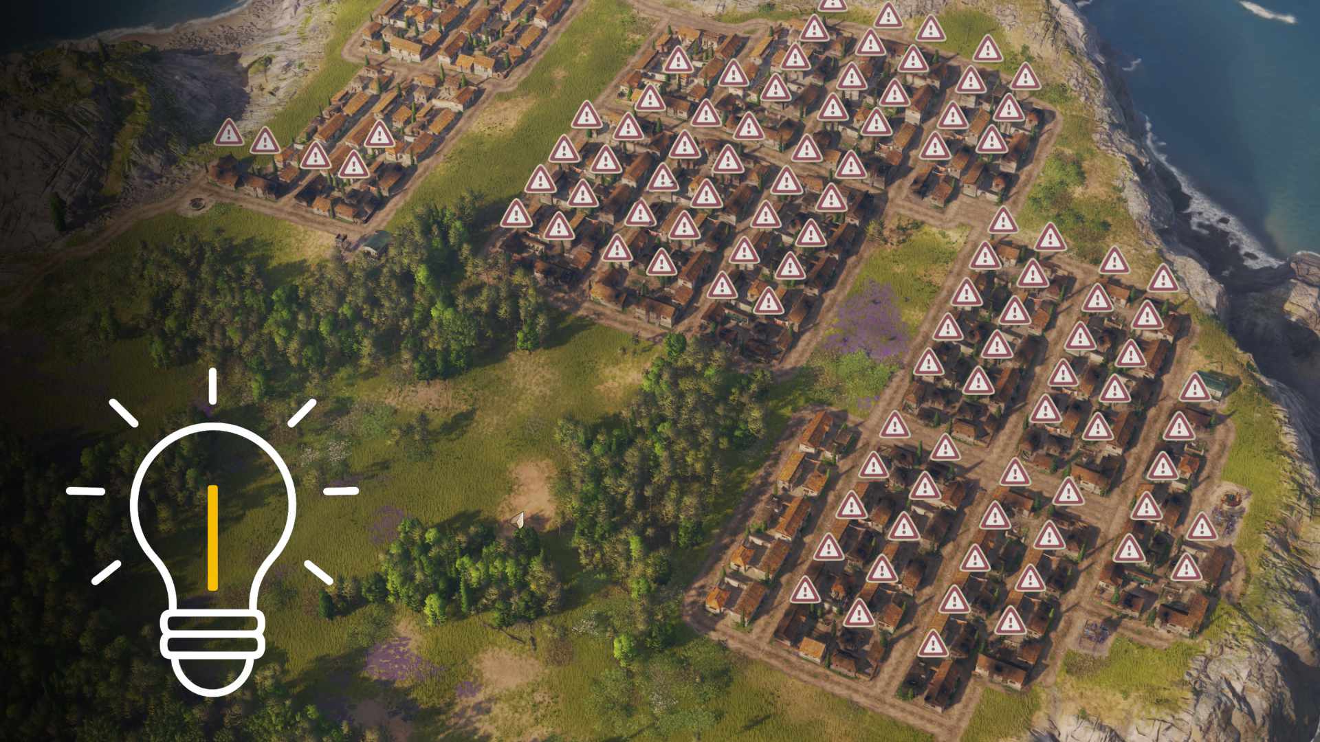 Anno 117: Pax Romana – Luftansicht einer Küstensiedlung mit vielen Warnsymbolen über Häusern, Glühbirne markiert Tipp im Guide.