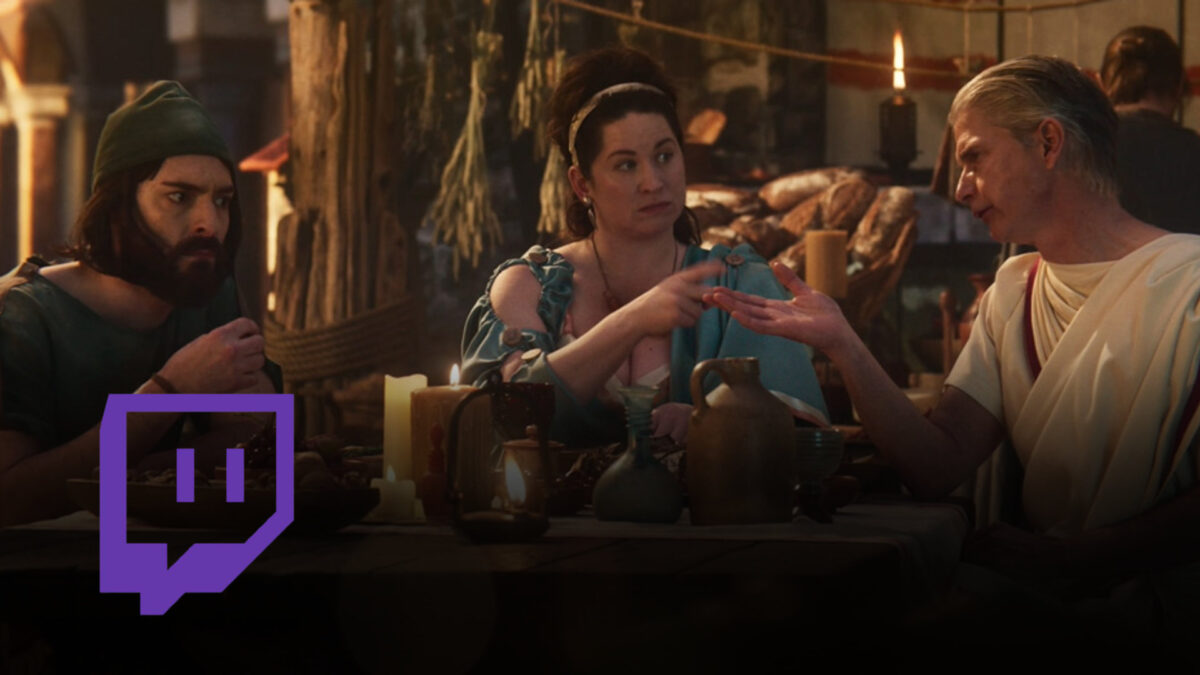 Anno 117 Szene mit römischen Figuren am Tisch – Gratis Twitch Drops sichern und exklusive Belohnungen im Aufbauspiel freischalten