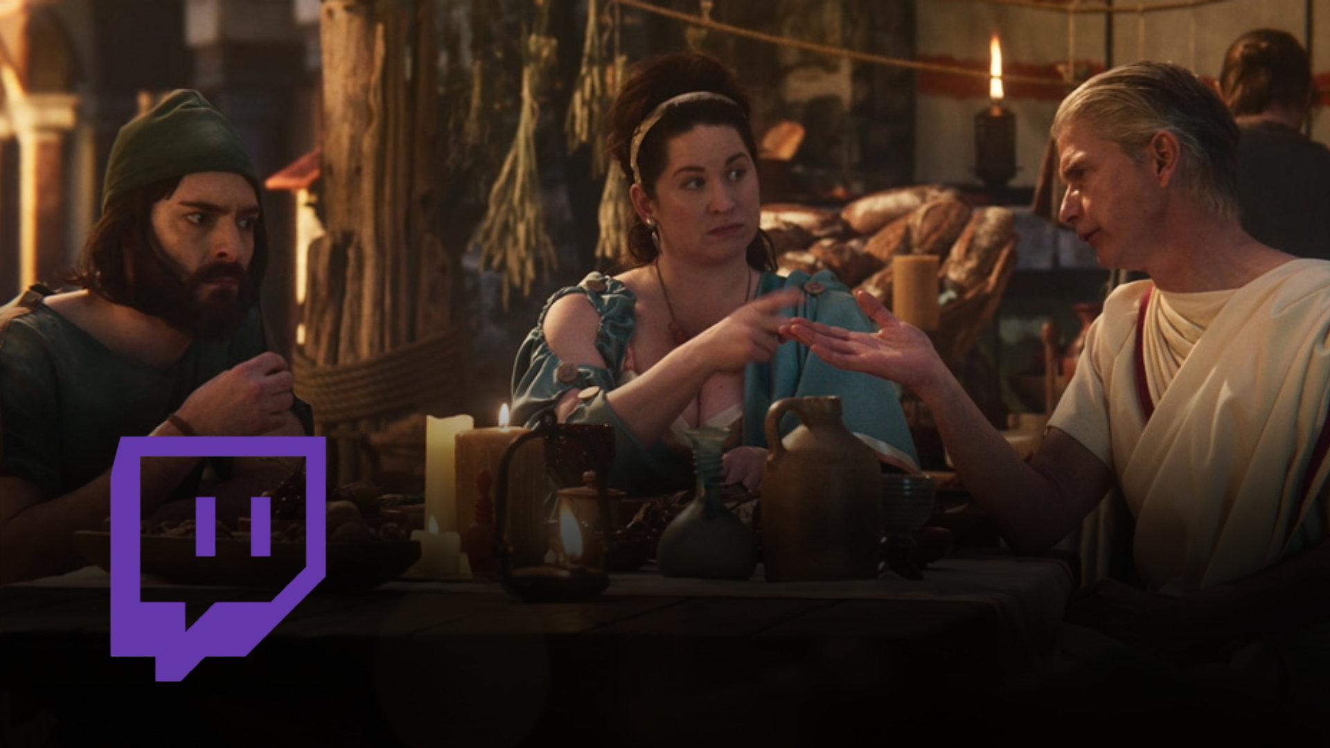 Anno 117 scene featuring Roman characters gathered around a table – claim free Twitch Drops and unlock exclusive rewards in the city-building strategy game