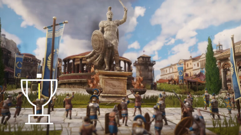 A large statue with a sword, several Romans in front of it.