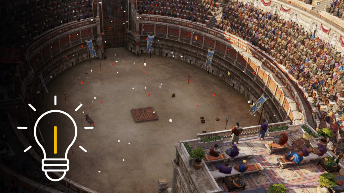 Römisches Amphitheater in Anno 117 mit jubelnder Menge – zentrale Monument-Arena für Events, Ruhm und Boni in der Hauptstadt.