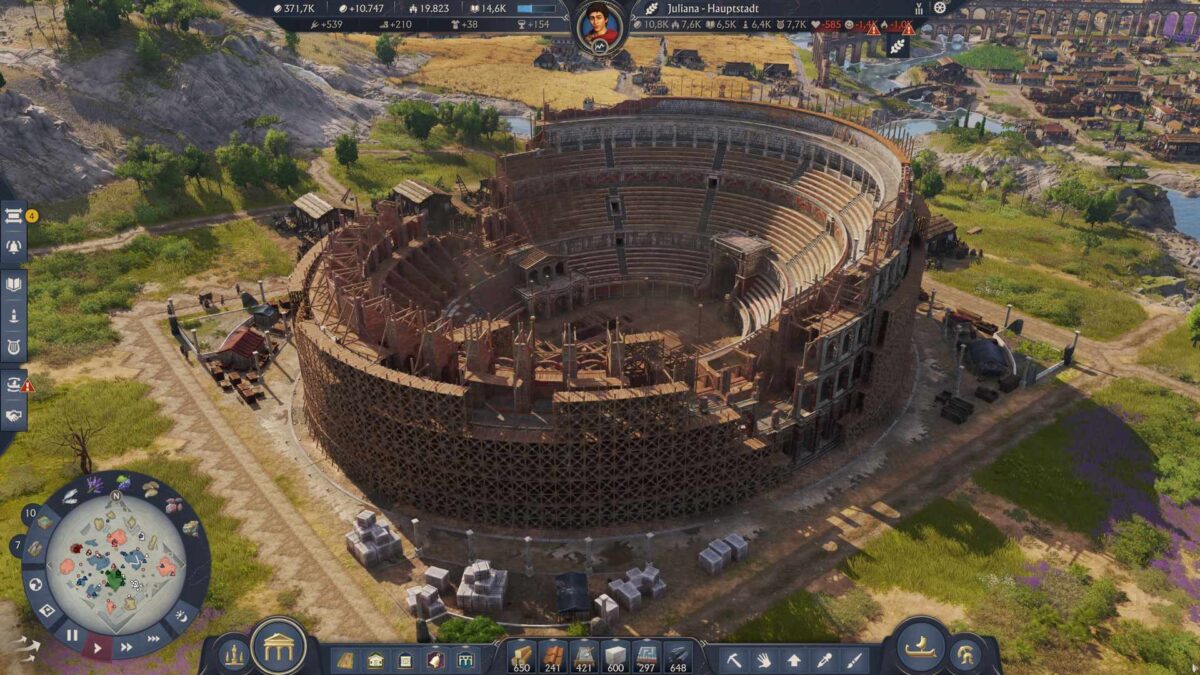 Amphitheater im Bau in Anno 117 mit Holzgerüsten – Monument-Großprojekt in mehreren Bauphasen.