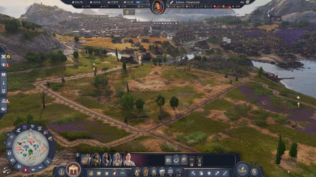 Freie Baufläche für das Amphitheater in Anno 117 – optimale Platzierung nahe der Stadt und Infrastruktur.