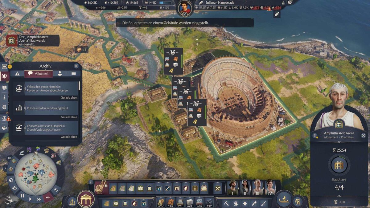 Amphitheater in Anno 117 mit angebundenen Lagerhäusern – effiziente Rohstoffversorgung für den Monumentbau.