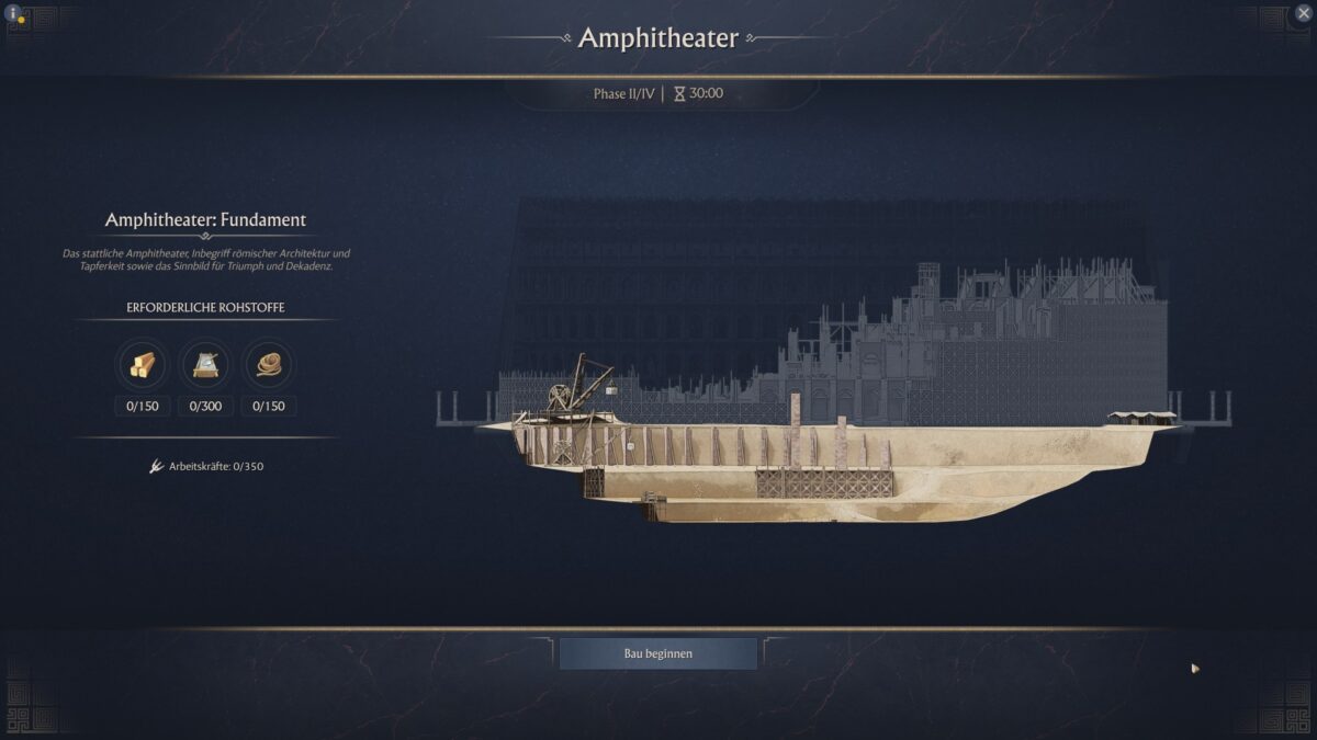 Amphitheater Bauphase 2 in Anno 117 – Außenwände und Gerüste wachsen, Rohstoffe und Arbeitskräfte im Einsatz.
