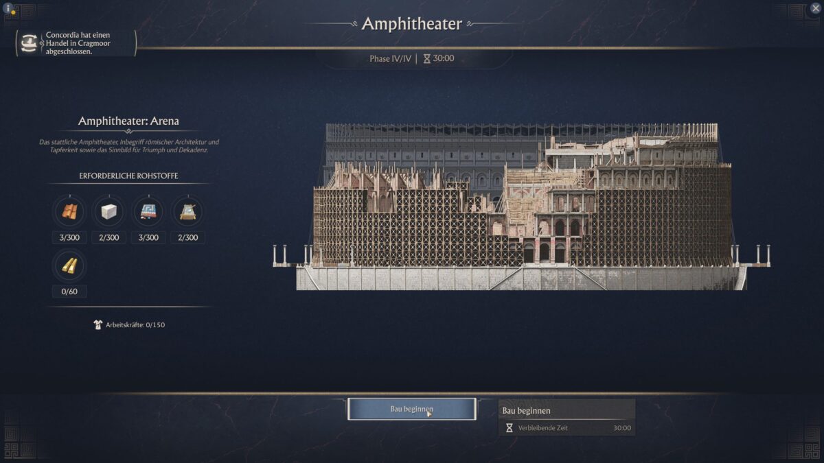 Fertiges Amphitheater in Anno 117 bei Nacht – abgeschlossenes Monument mit aktiven Effekten für die Stadt.