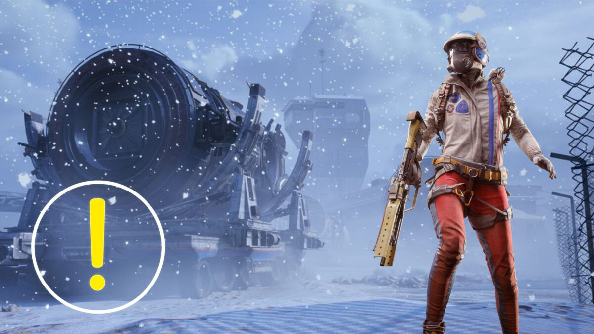 ARC Raiders: Bewaffnete Raiderin im Schneesturm vor gigantischer ARC-Maschine – Frost-Event „Cold Snap“ im Sci-Fi-Shooter