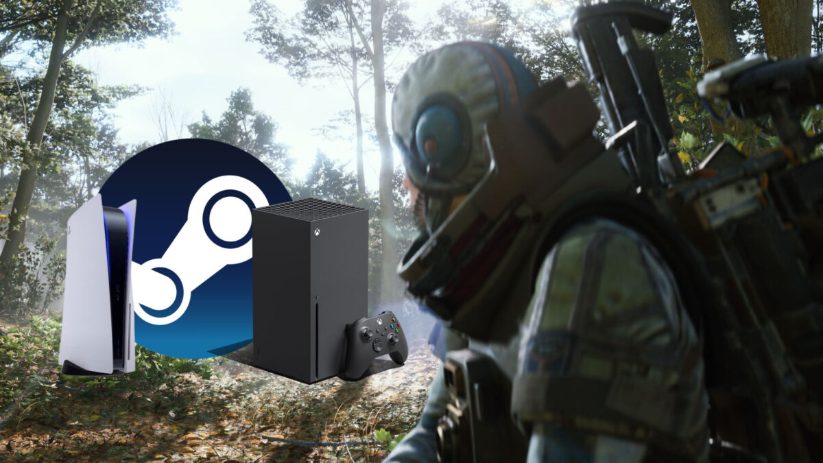 Arc Raiders mit Crossplay: Sci-Fi-Shooter zeigt Kämpfer im Wald, unterstützt Steam, PS5 und Xbox Series X für plattformübergreifendes Spielen.