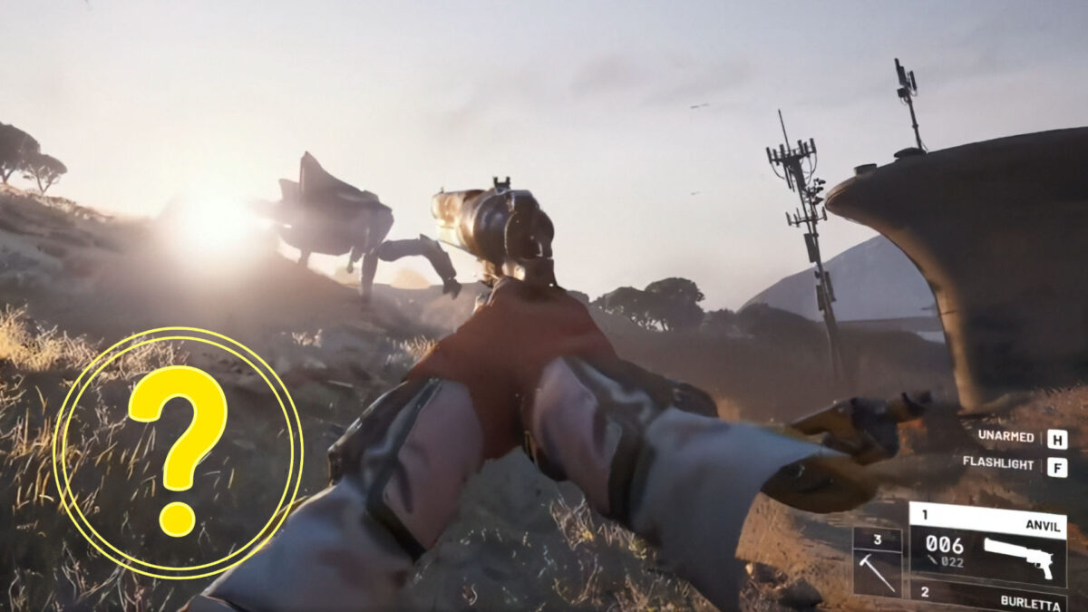 First-Person-Gameplay aus Arc Raiders: Spieler zielt auf riesigen Kampfroboter in futuristischer Sci-Fi-Welt bei Sonnenuntergang.