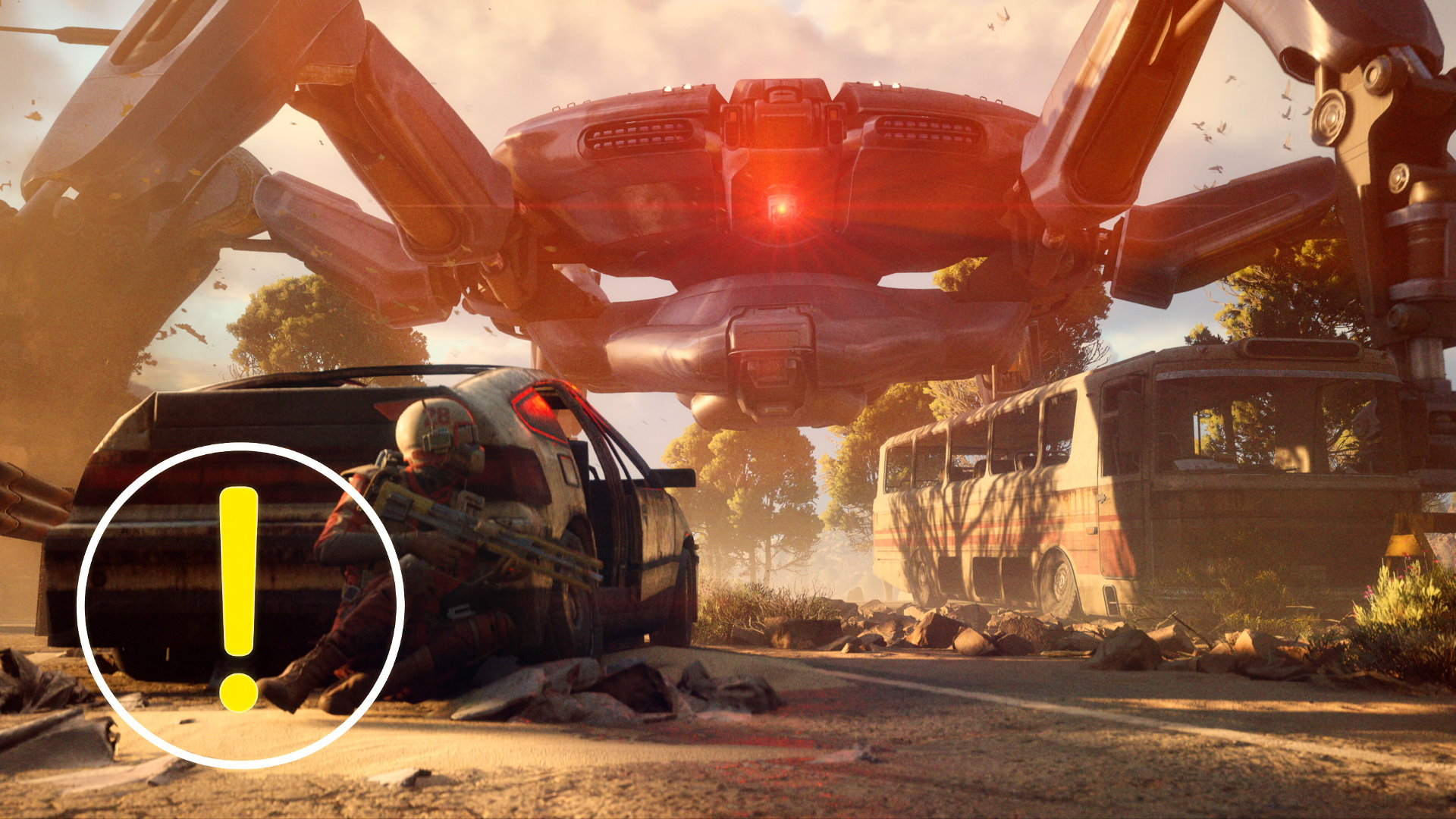 A man is crouching behind a car with a weapon while a large robot aims a laser at him.