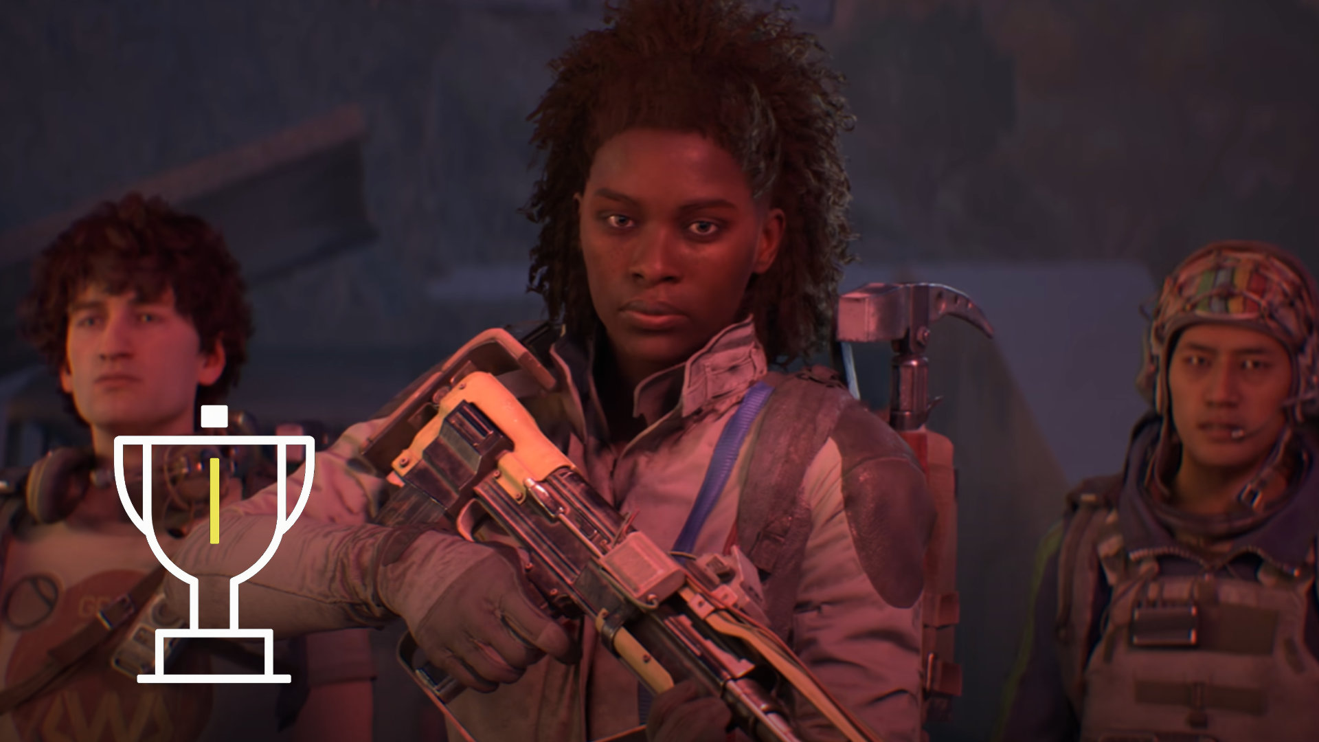 A woman and two other people are standing next to each other with weapons in their hands.