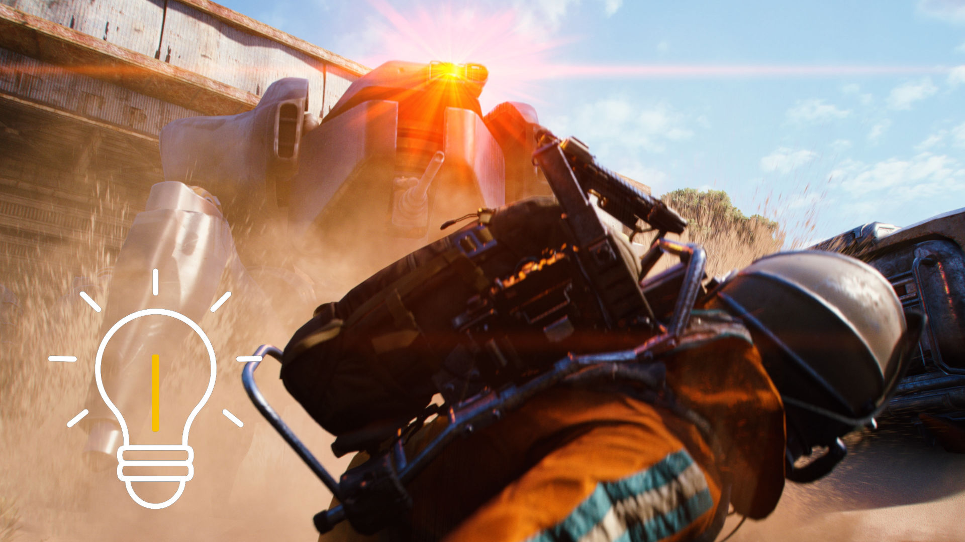 Dynamische Action-Szene aus einem Videospiel: Eine gepanzerte Spielfigur wird von einem gewaltigen, staubaufwirbelnden Mech-Roboter attackiert, dessen grelles, rotes Warnlicht leuchtet. Im Vordergrund liegt die Figur halb am Boden, während metallische Teile und Sand durch die Luft fliegen; links ist ein stilisiertes Glühbirnen-Icon eingeblendet.