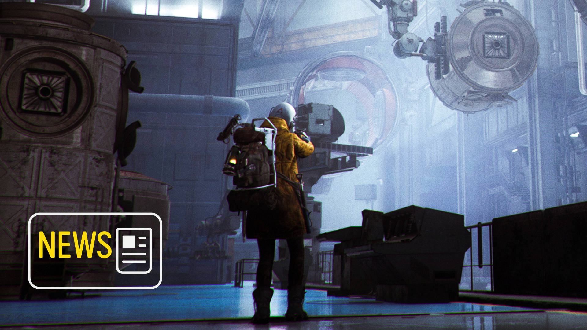 A character in a yellow coat and backpack stands inside a futuristic industrial hall, gazing up at massive, hovering mechanical arms. The scene from ARC Raiders is bathed in cool light, creating a dense, sci-fi atmosphere.