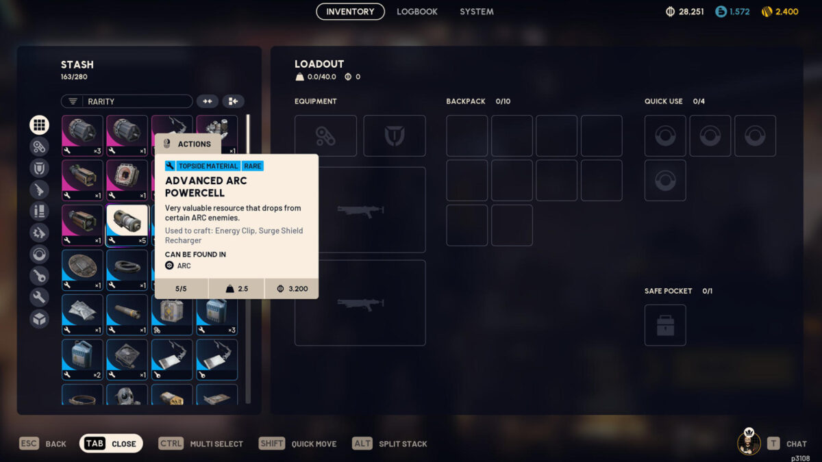 Menüübersicht und Inventar mit Energiezellen in Arc Raiders.