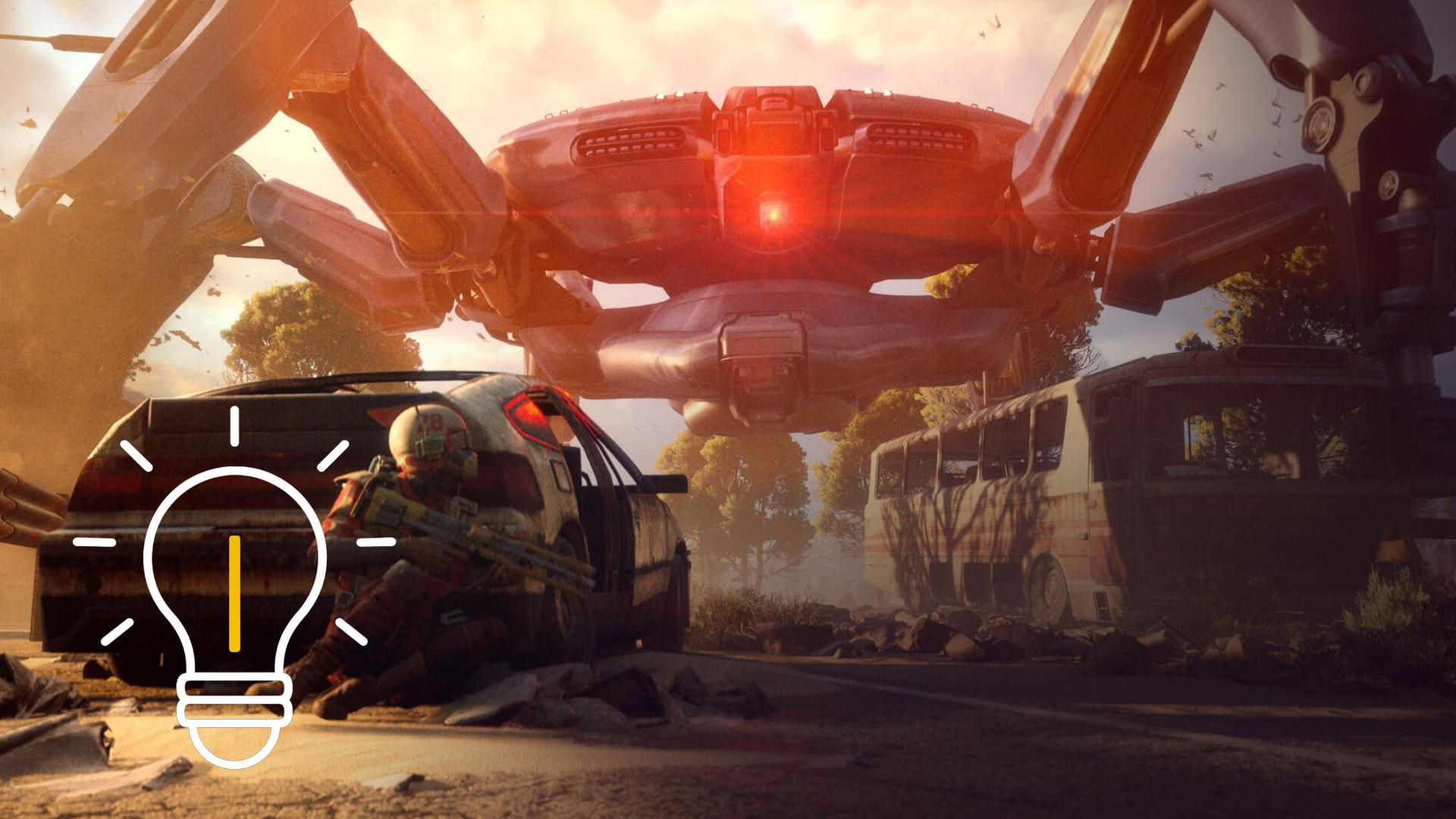 A large robot with a red laser eye. In front of it, a man hiding behind a car.