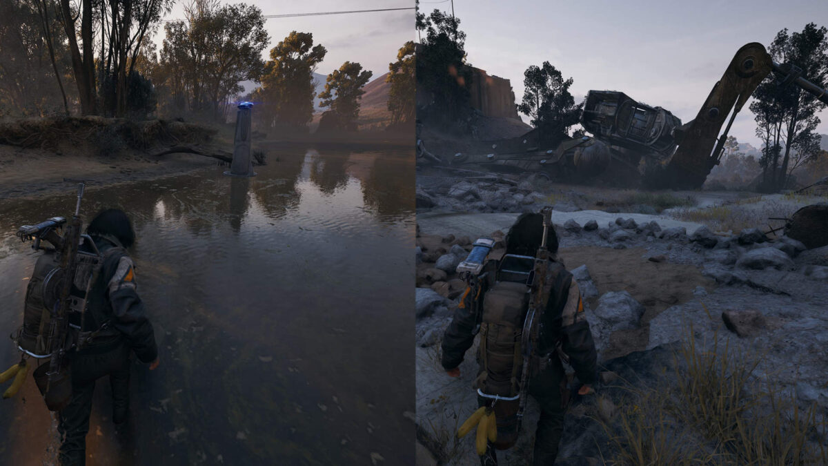 Splitscreen mit jeweils einem Mann, der vor einer versumpften Kulisse steht.