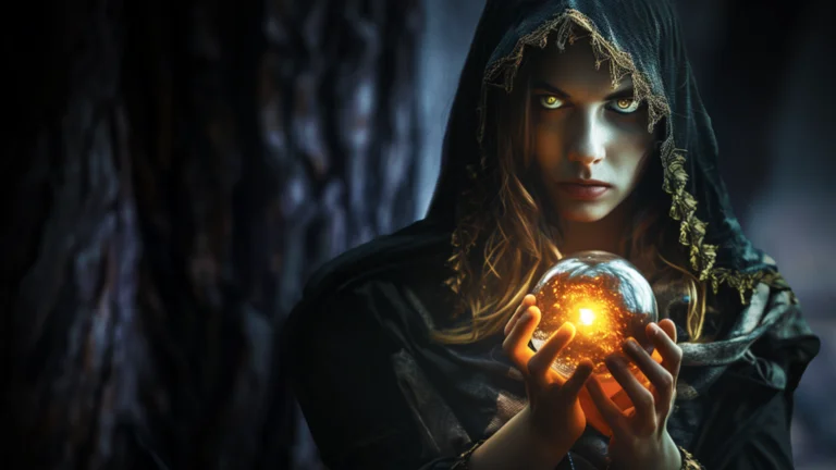 Die vermeintliche Protagonistin von Assassin’s Creed Hexe hält eine Glaskugel in der Hand und schaut in die Kamera.