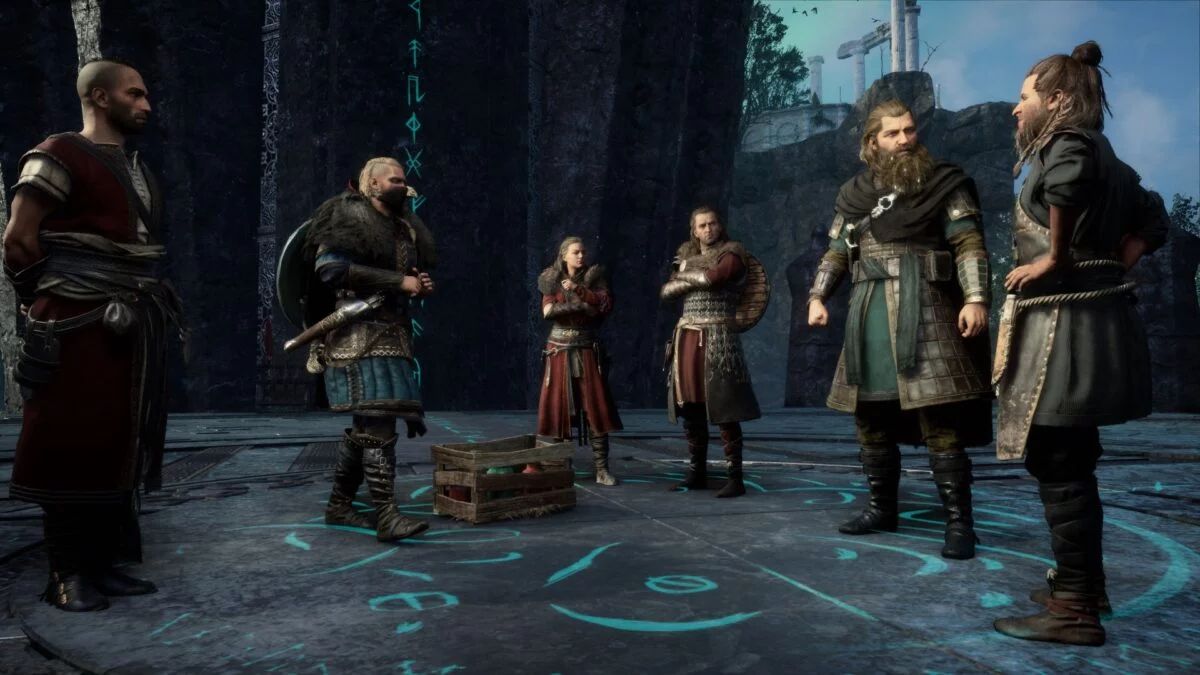 Die Götter von Asgard Loki, Havi, Frejya, Tyr und Thor und der Baumeister in Assassin's Creed Valhalla.