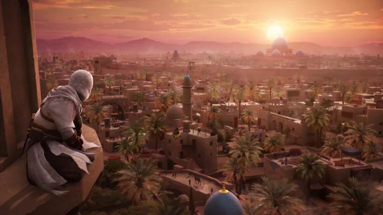 Basim blickt in Assassin's Creed Mirage über die Dächer Bagdads auf der Suche nach den verlorenen Büchern.