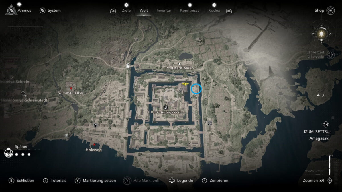 Übersicht der Assassin's Creed Shadows Karte und der Burg Amagasaki.