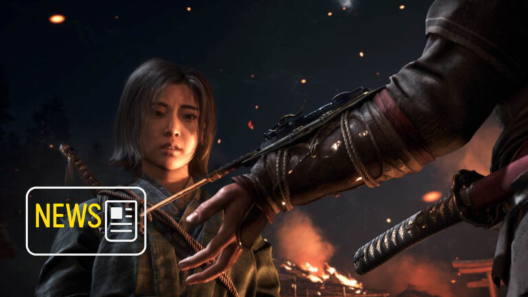 Eine Shinobi schaut einem Mann mit Waffe auf die Hand.