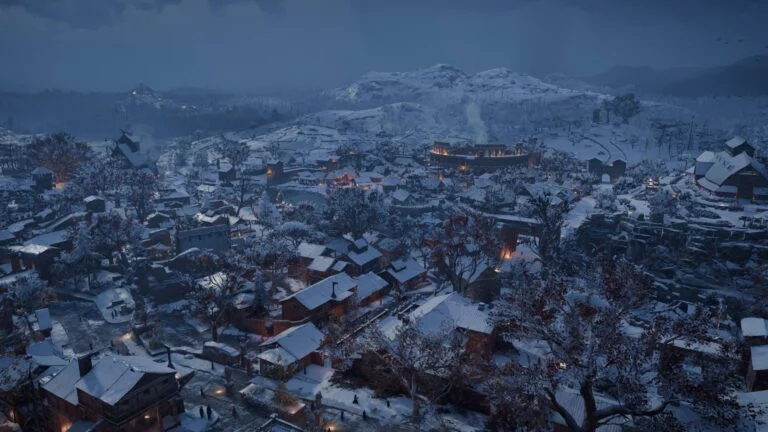 Ein angelsächsisches Dorf im Spiel Assassin's Creed Valhalla.