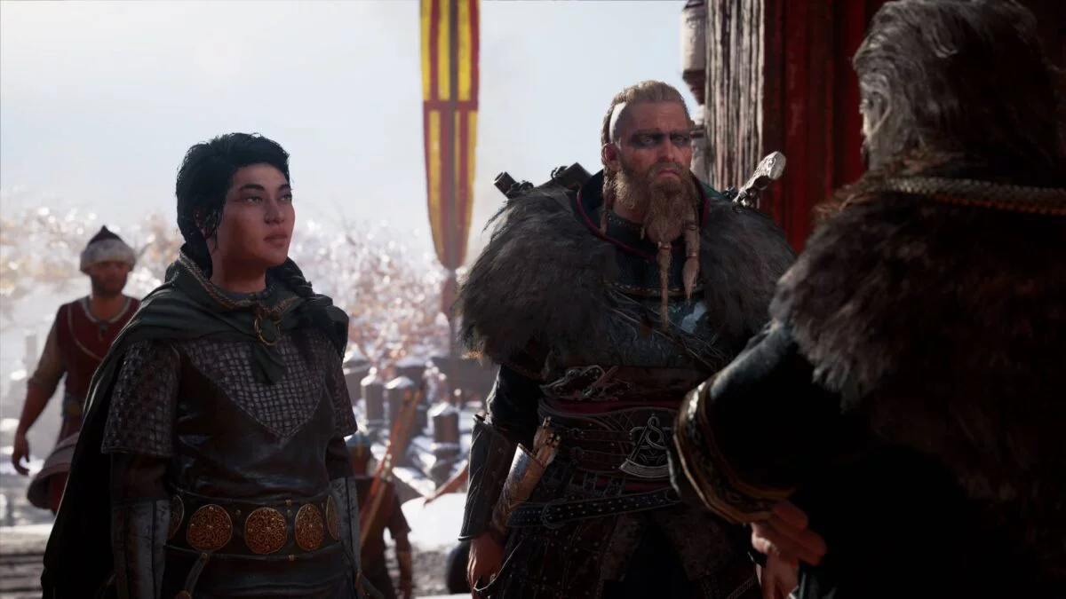 Eivor spricht in Assassin's Creed Valhalla mit Ljufvina und ihrem Mann Hjör.