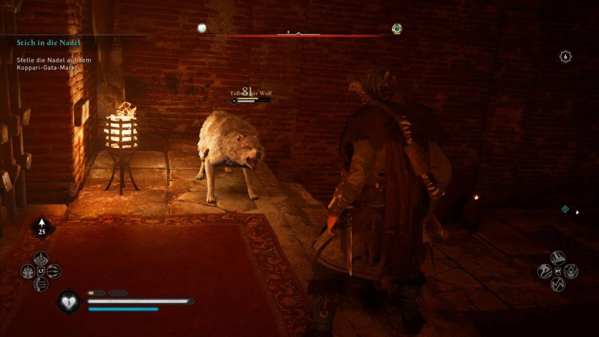 Wikinger Eivor kämpft in Assassin's Creed Valhalla gegen einen tollwütigen Wolf. 