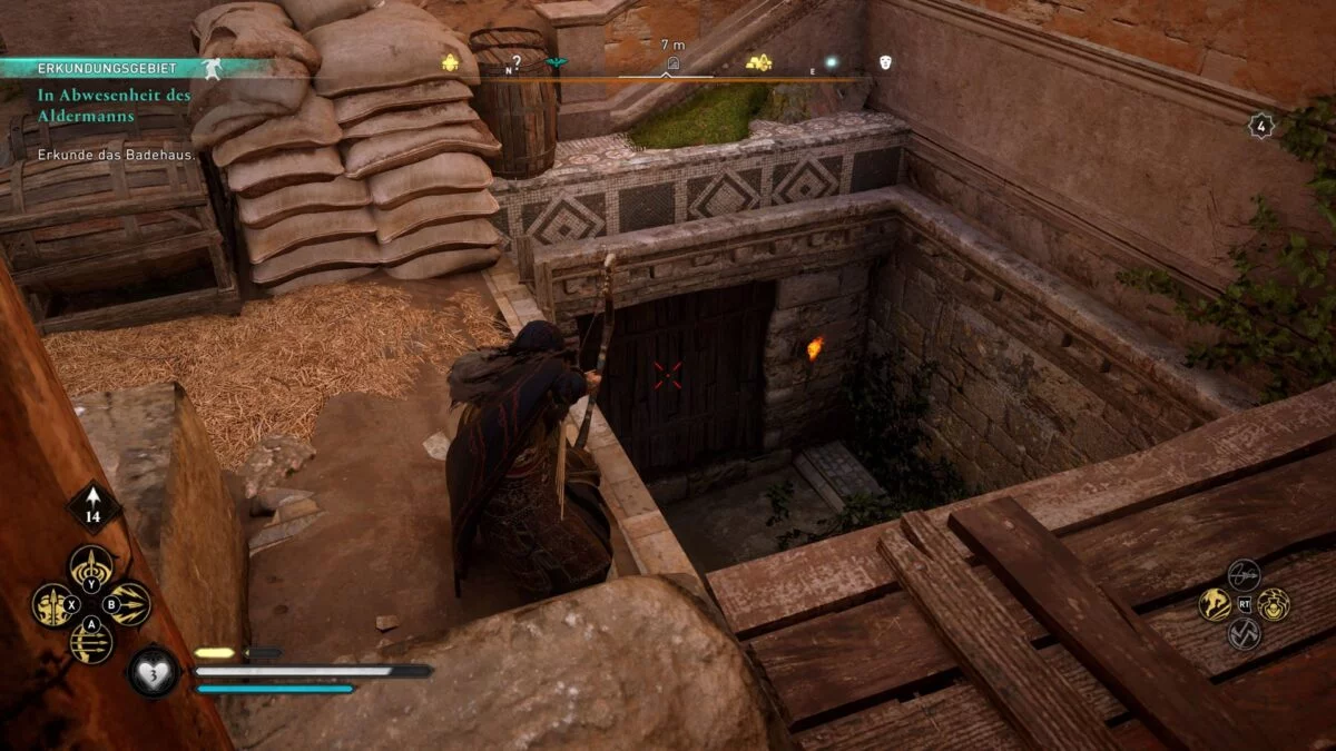 Wikinger Eivor schießt einen Pfeil in die Bretter, um den Zugang zur Kloake von Lincolne in Assassin's Creed Valhalla freizulegen.