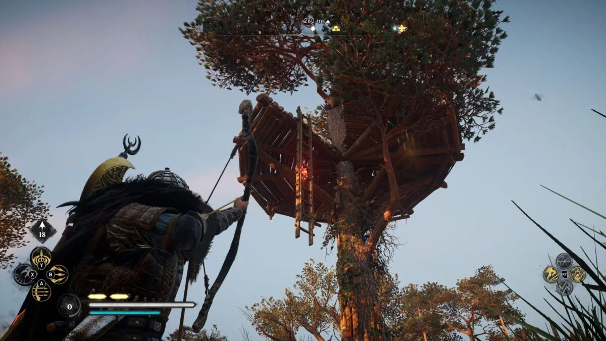 Wikinger Eivor schießt in Assassin's Creed Valhalla einen Pfeil in die Verankerung einer Leiter.